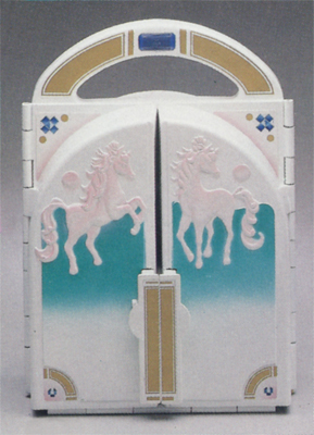 Closed, with Filly design on front doors